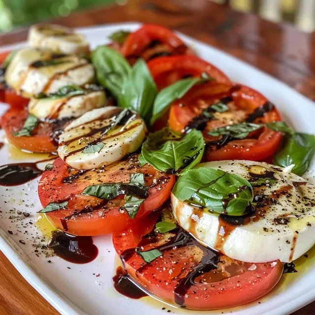 Close-up of a Caprese salad drizzled with balsamic reduction, showcasing fresh ingredients.