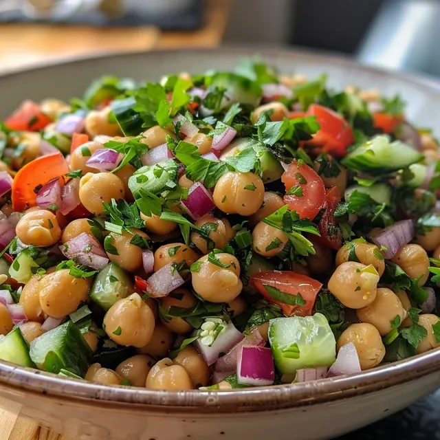 Side angle photo of a vibrant Mediterranean Chickpea Salad, showcasing fresh ingredients and a glossy dressing.