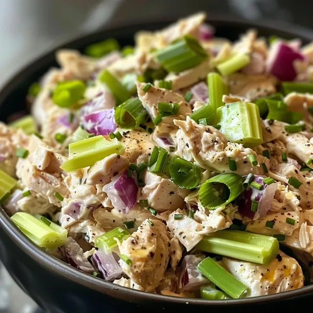 Side view of a creamy chicken salad with a mixture of shredded chicken and fresh vegetables.