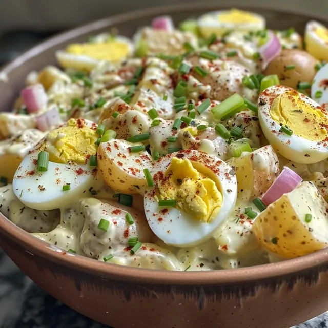 Side view of a delectable classic potato salad garnished with diced celery and red onion.