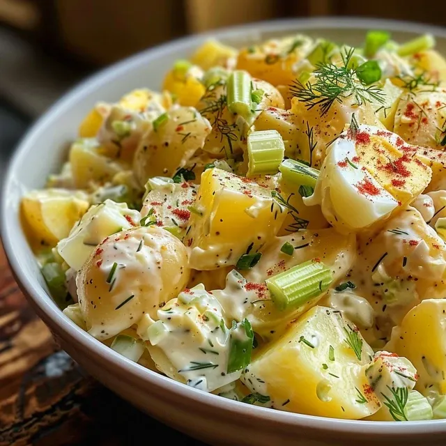 Side view of delicious potato salad featuring red and Yukon Gold potatoes.