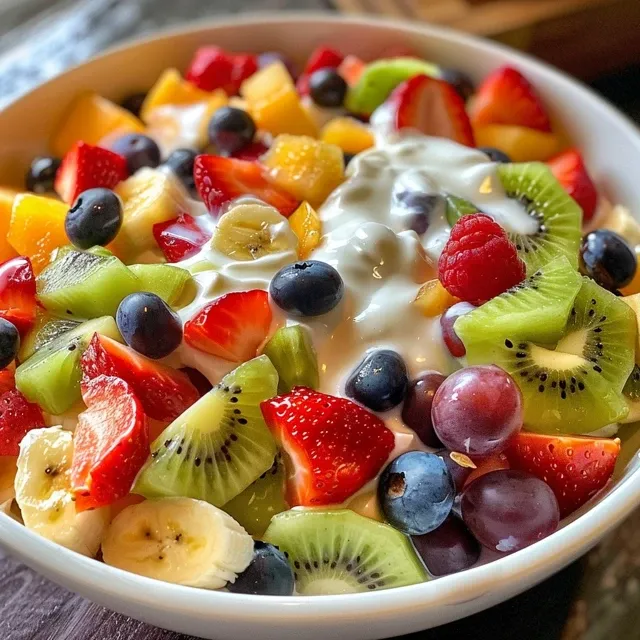 Side perspective of a vibrant fruit salad featuring various fruits and creamy dressing.