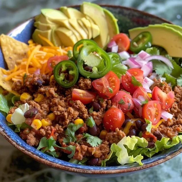 Close-up image showcasing a taco salad bowl featuring beef, vegetables, and toppings.
