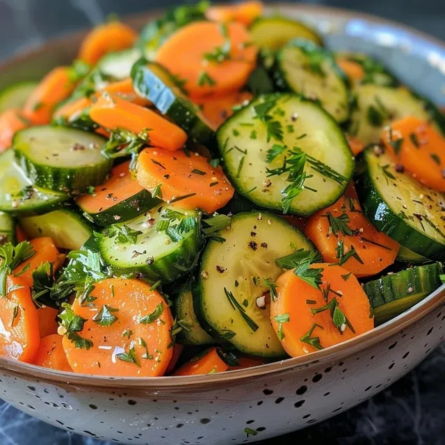 Side perspective of a colorful salad featuring sliced cucumbers and carrots.