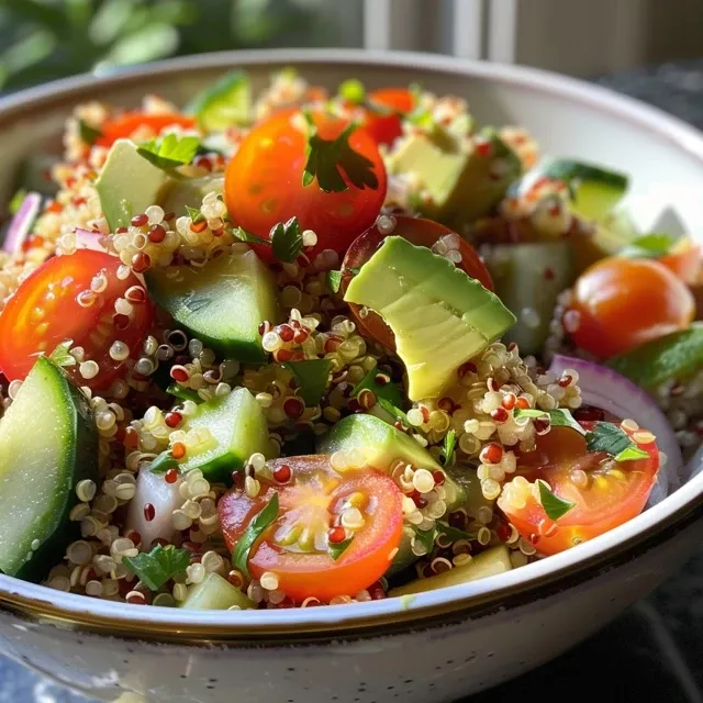 Side view of a vibrant quinoa salad with cherry tomatoes, cucumber, and avocado.