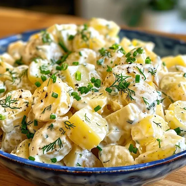 Freshly made potato salad displayed in a bowl, showcasing vibrant chives and dill.