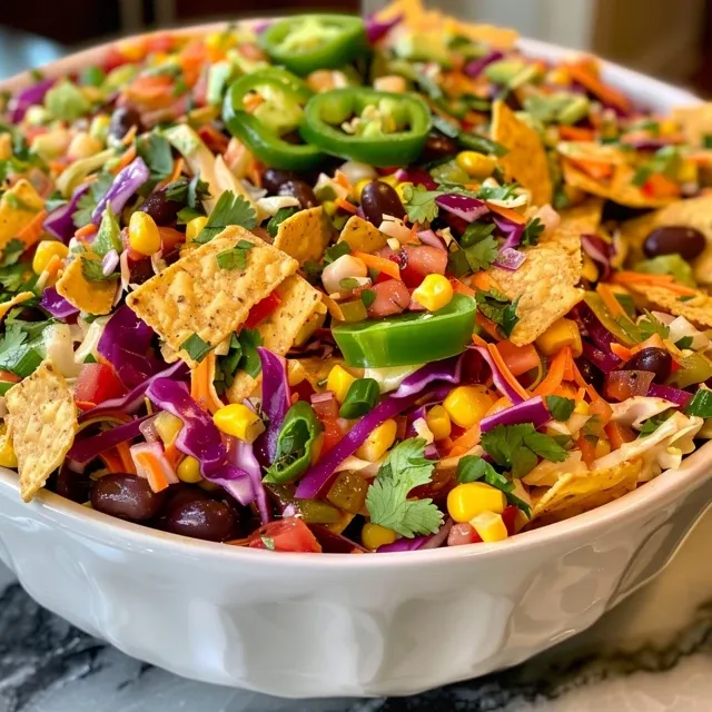 Side view of a hearty dish featuring Frito Cowboy Cabbage with various toppings.