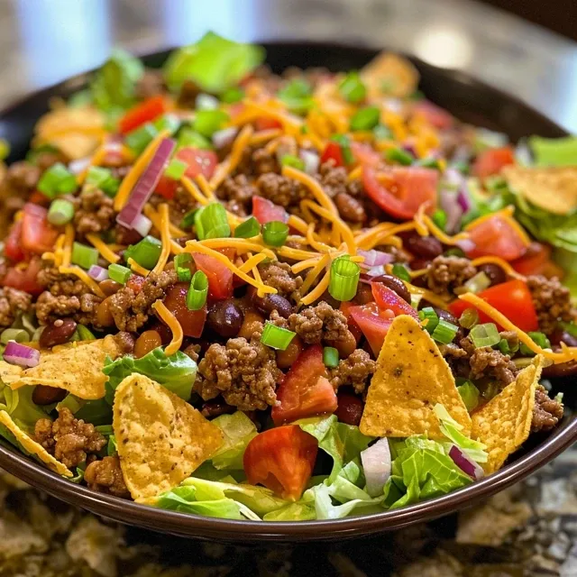 Side view of a colorful bowl of Dorito Taco Salad with fresh ingredients.