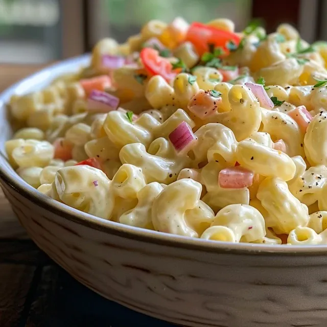 Side view of a creamy macaroni salad featuring elbow macaroni and diced vegetables served in a bowl.