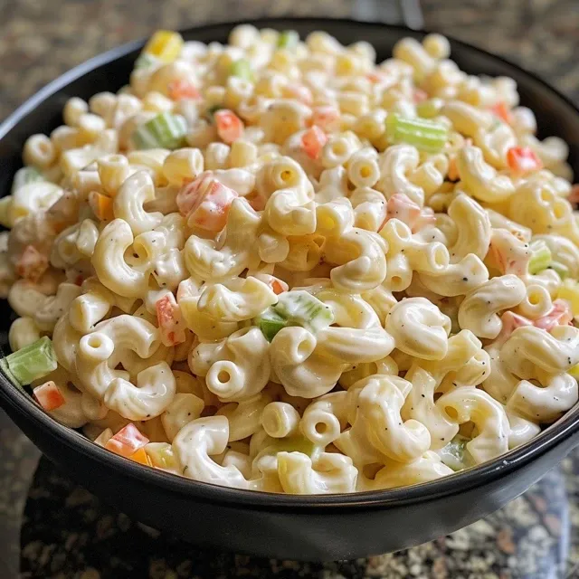 Side profile of a classic macaroni salad, showcasing its creamy texture and fresh ingredients.