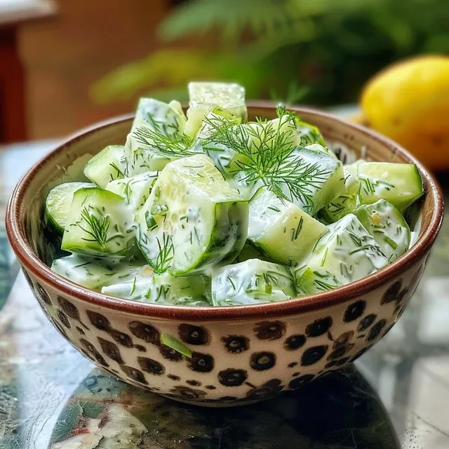 Side view of a cucumber yogurt salad featuring vibrant green cucumbers and creamy yogurt.