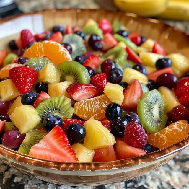 A side view of a fresh fruit salad showcasing layers of strawberries, kiwi, and other fruits drizzled with honey and lime.