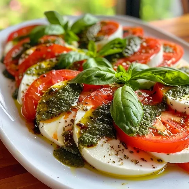 Juicy slices of tomato and mozzarella drizzled with pesto, presented in a close-up style.