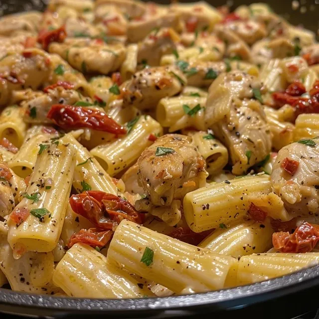 Close-up view of Marry Me Chicken Pasta featuring tender chicken and pasta coated in a rich sauce.