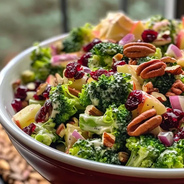Side view of colorful broccoli salad featuring onions and a creamy dressing.