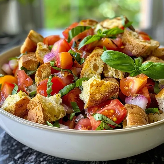 Side view of a vibrant Panzanella Salad with bread and vegetables arranged beautifully.