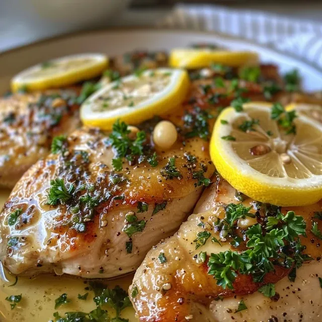 Close-up of Lemon Chicken garnished with parsley, featuring a creamy lemon butter sauce.