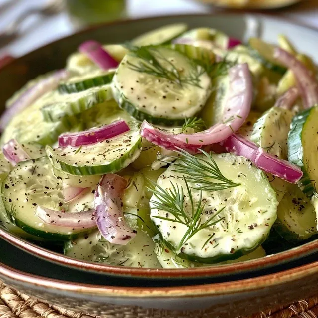 Side perspective of creamy dill cucumber onion salad with thinly sliced cucumbers and red onions, garnished with dill.