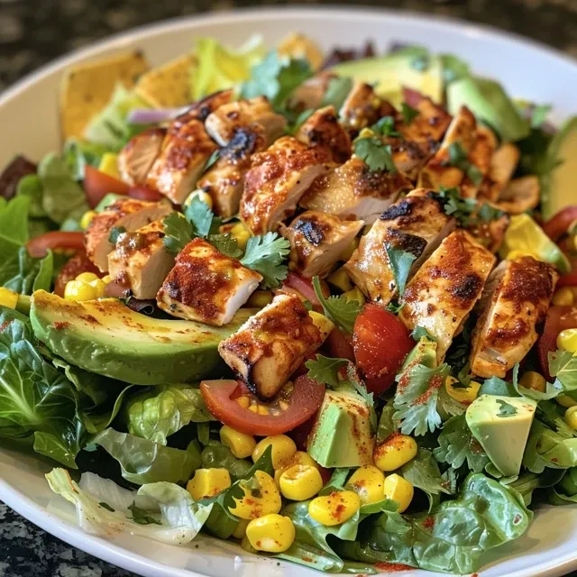 Side view of a delicious Santa Fe Chicken Salad featuring fresh vegetables and chicken.