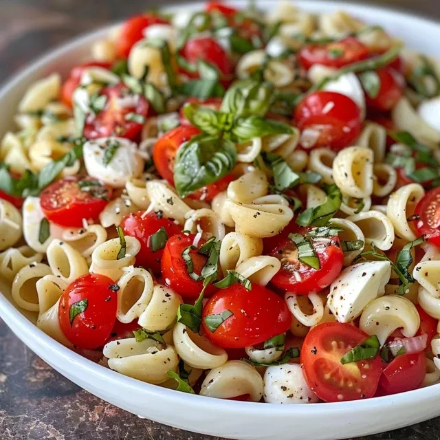 A vibrant dish of Creamy Caprese Pasta Salad with cooked pasta, halved cherry tomatoes, and fresh mozzarella.