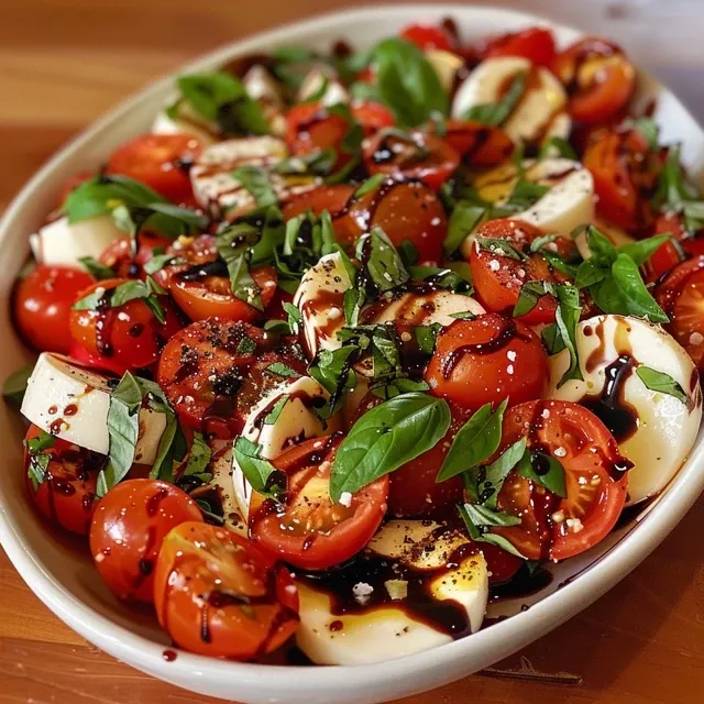 Side view of a colorful Caprese salad featuring fresh mozzarella, ripe tomatoes, and basil leaves.