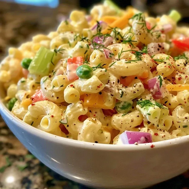 A colorful bowl of macaroni salad with a variety of ingredients visible.