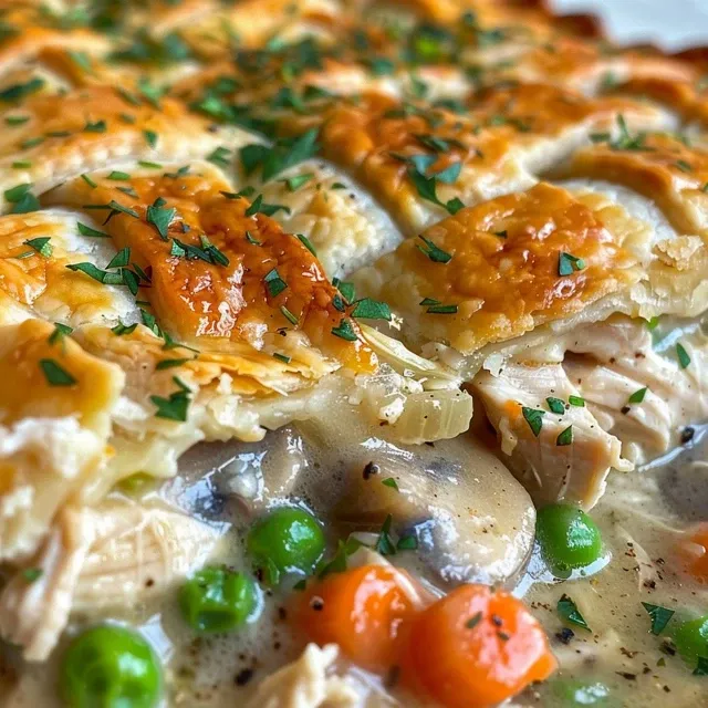 Side profile of a delectable chicken pot pie showcasing its flaky top crust and savory filling.