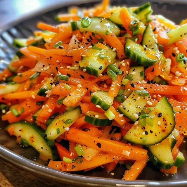 Detailed side view of a refreshing Carrot Cucumber Salad with bright orange and green hue.