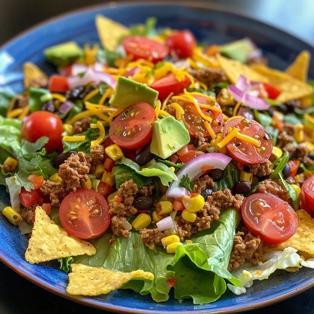 Side view of a juicy taco salad featuring vibrant ingredients like tomatoes, avocado, and cheese.