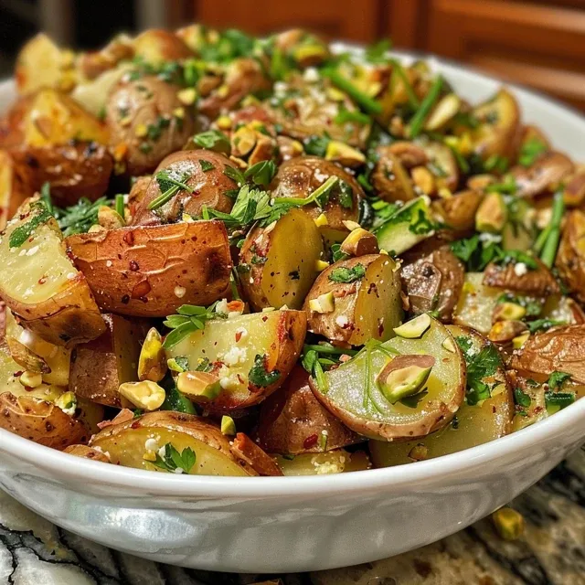 Side view of a hearty roasted potato salad featuring gold potatoes, cucumbers, and green onions.