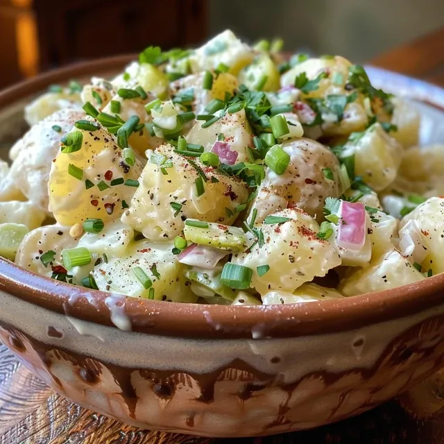 Side view of a creamy Vegan Potato Salad garnished with fresh herbs.