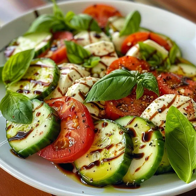 Side angle of a vibrant Cucumber Caprese Salad with fresh ingredients displayed artistically.
