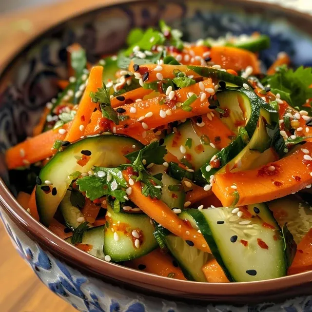 Side view of a fresh salad featuring cucumber and carrots, garnished with sesame seeds.