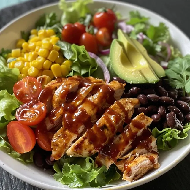 Side view of a delicious BBQ chicken salad with avocado dressing and fresh ingredients.