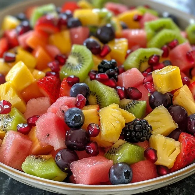 Close-up view of a vibrant fruit salad with various chopped fruits and garnished with lime zest.