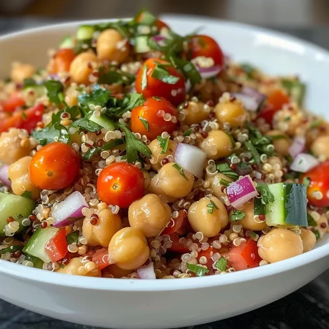 A close-up of a colorful chickpea quinoa salad with fresh herbs and vegetables in a rustic setting.