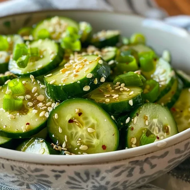 Fresh Asian cucumber salad featuring sliced cucumbers and a drizzle of sesame oil.