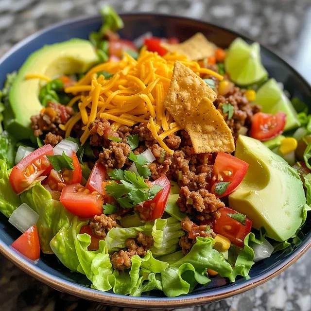 A colorful bowl of easy taco salad featuring avocado, tomatoes, and cheese.