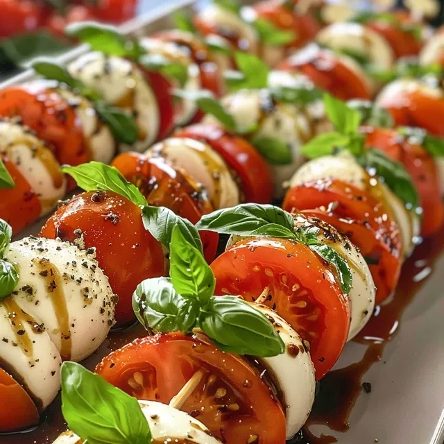 Colorful Caprese skewers arranged on a plate with basil leaves and drizzled olive oil.