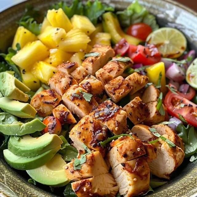 Side view of a delicious Hawaiian chicken salad featuring chicken, pineapple, and greens.
