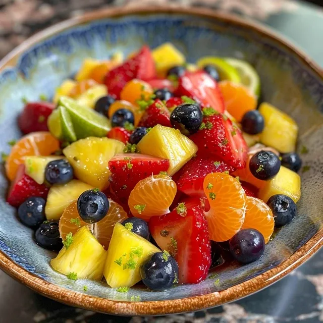 Close-up view of a vibrant fruit salad with various tropical fruits, showcasing different colors and textures.