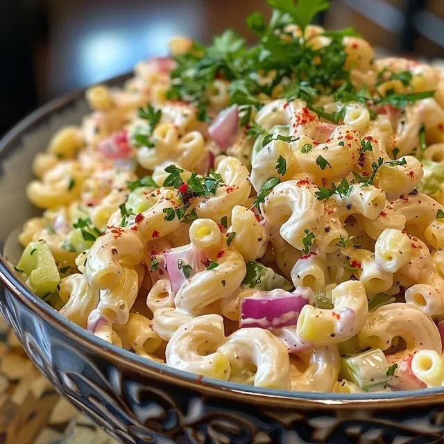 Side view of creamy macaroni salad with vibrant vegetables.