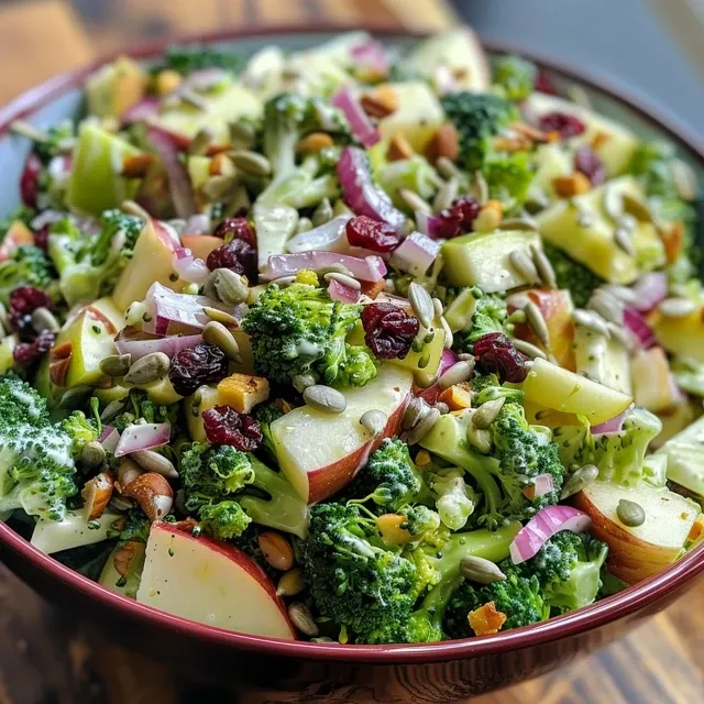 Side view of a colorful salad with broccoli, Honeycrisp apples, red onion, and cranberries, drizzled with yogurt dressing.