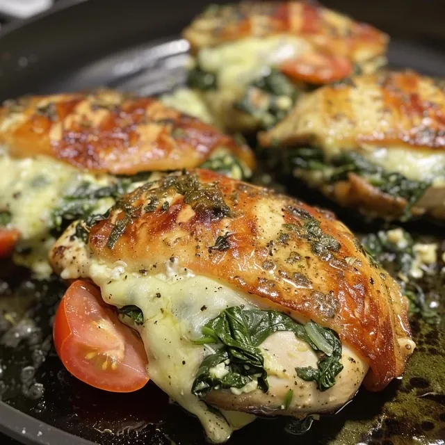 Side view of spinach stuffed chicken breast garnished with tomato.