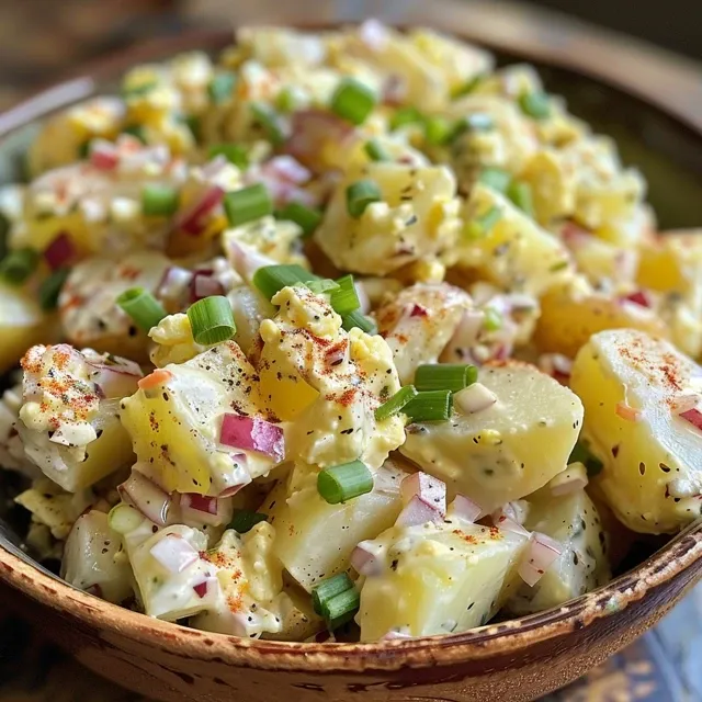 Side view of creamy Southern potato salad, showcasing colorful ingredients.