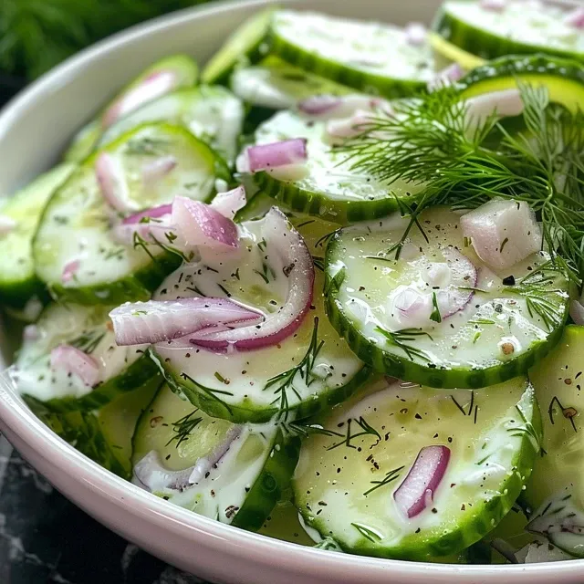 Side view of a bowl of creamy cucumber salad showcasing its texture.