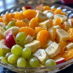 A vibrant fruit salad featuring pineapple, bananas, grapes, mandarin oranges, and sliced apples.