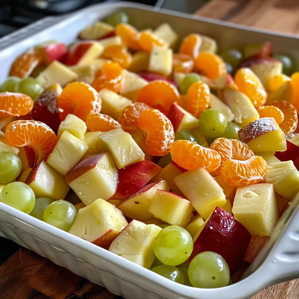 Close-up view of a colorful fruit salad with various fruits and a glossy dressing.