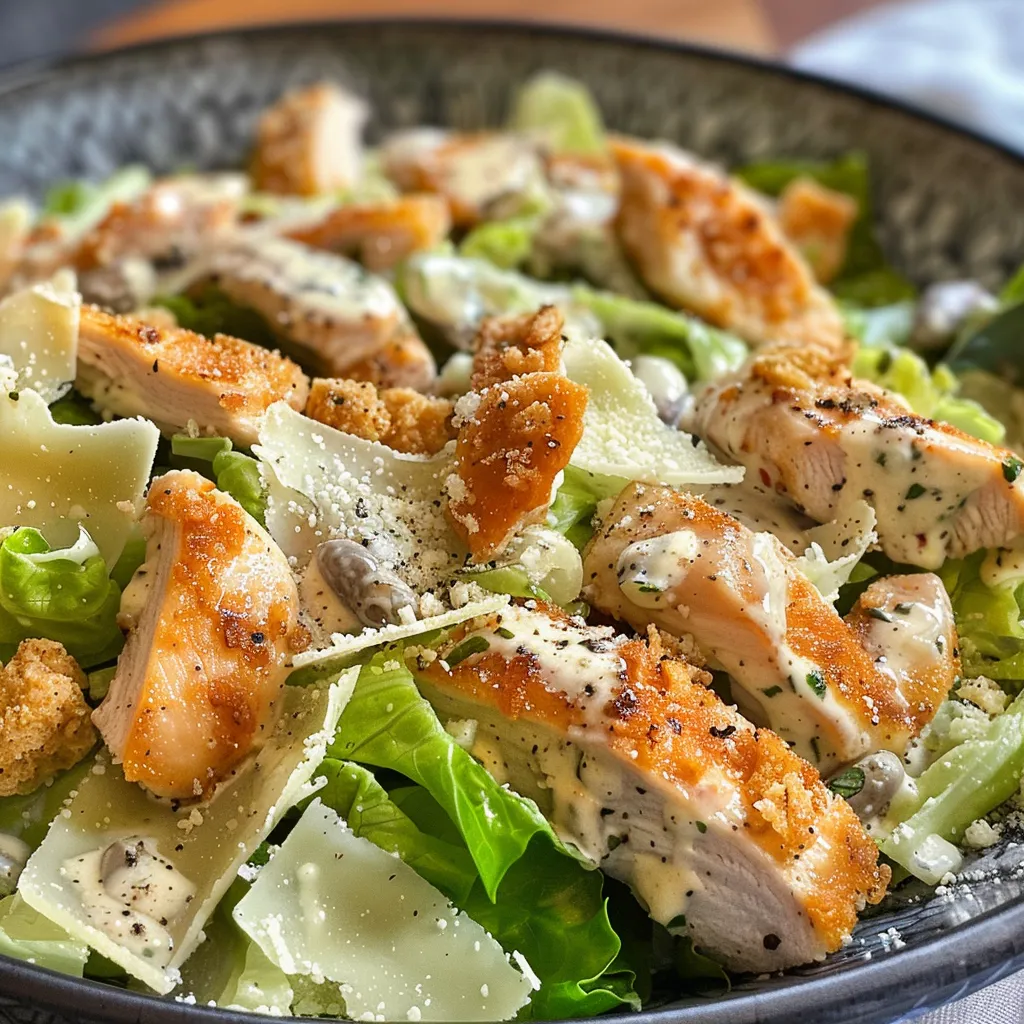 Side view of a vibrant Caesar salad with grilled chicken, garnished with parmesan crisps.