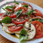 Close-up view of a vibrant Caprese salad featuring sliced tomatoes, mozzarella, and fresh basil.